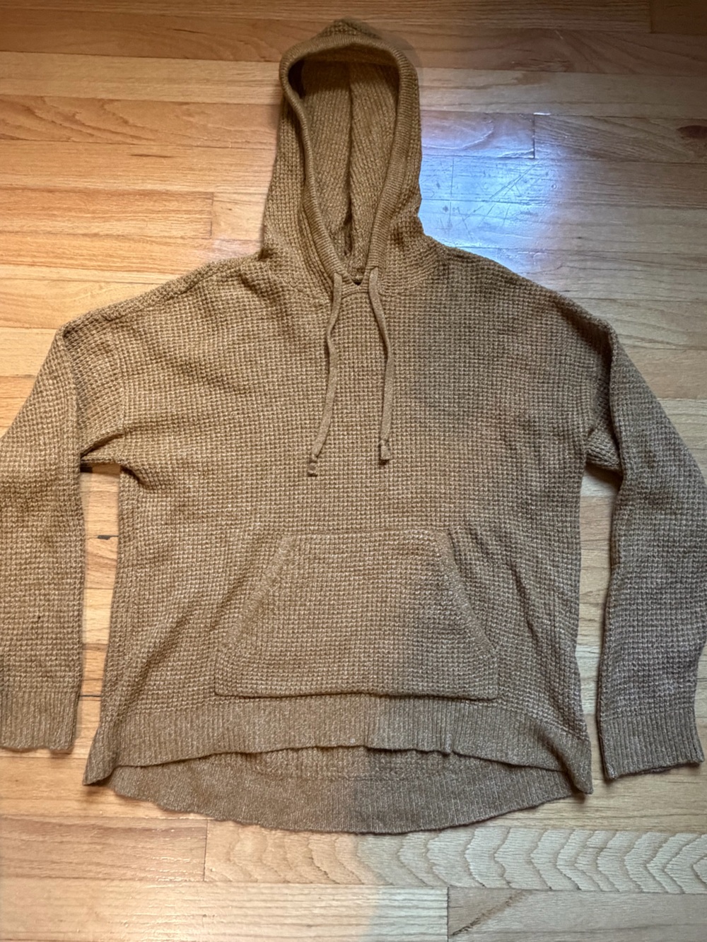 Aerie Cozy Waffle-Knit Hooded Pullover in Camel